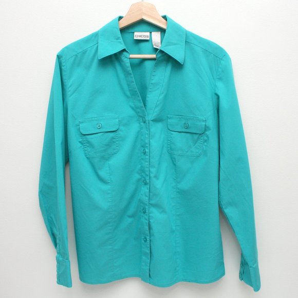 Chico's Long Sleeve Button Front Blouse sz 1 Teal - Picture 1 of 5